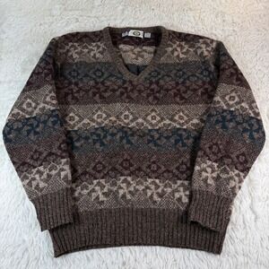 Vintage Harbour Club Shetland Wool Fair Isle V Neck Sweater Men Medium Brown